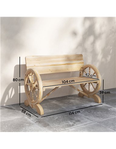 Outsunny Fir Wood 2-Seater Outdoor Garden Wagon Wheel Bench, Natural Wood Finish