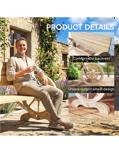 Outsunny Fir Wood 2-Seater Outdoor Garden Wagon Wheel Bench, Natural Wood Finish