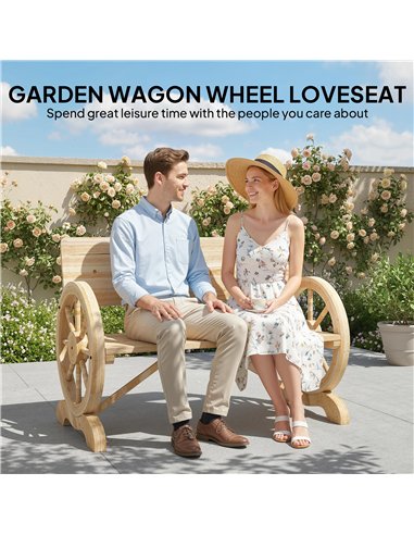 Outsunny Fir Wood 2-Seater Outdoor Garden Wagon Wheel Bench, Natural Wood Finish