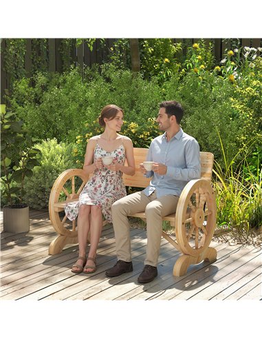 Outsunny Fir Wood 2-Seater Outdoor Garden Wagon Wheel Bench, Natural Wood Finish