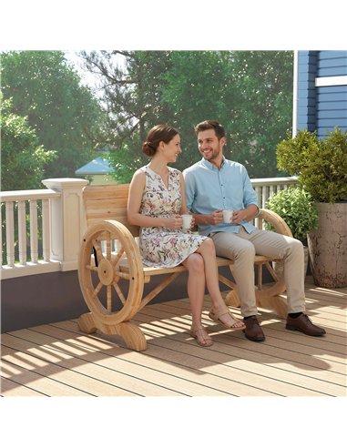 Outsunny Fir Wood 2-Seater Outdoor Garden Wagon Wheel Bench, Natural Wood Finish