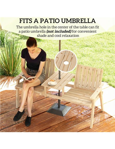 Outsunny 2-Seater Garden Loveseat with Table and Parasol Hole for Porch, Patio, Natural Wood Finish - pic 180333 | FastDaddyshop