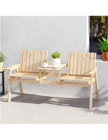 Outsunny 2-Seater Garden Loveseat with Table and Parasol Hole for Porch, Patio, Natural Wood Finish