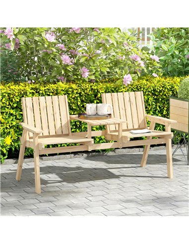 Outsunny 2-Seater Garden Loveseat with Table and Parasol Hole for Porch, Patio, Natural Wood Finish