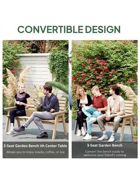 Outsunny Fir Wood Convertible 2 to 3 Seater Outdoor Garden Bench, Natural Wood Finish - pic 180341 | FastDaddyshop