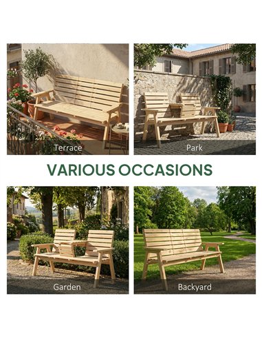 Outsunny Fir Wood Convertible 2 to 3 Seater Outdoor Garden Bench, Natural Wood Finish