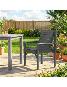 Outsunny Wooden Garden Dining Chair, Outdoor Chair Garden Armchair with Curved Seat and Wide Armrests, Grey Embossed Finish 2