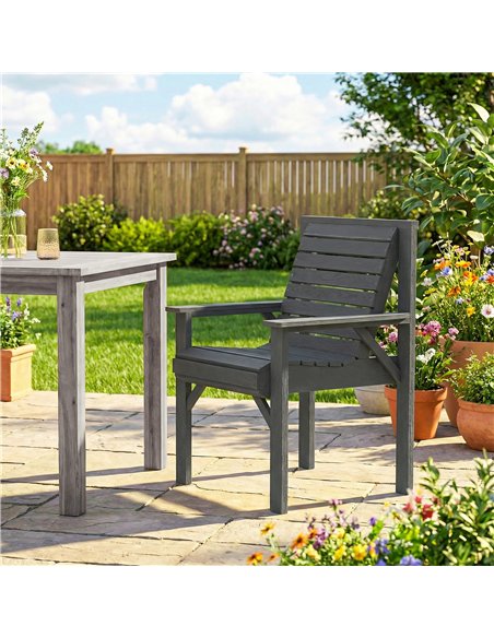 Outsunny Wooden Garden Dining Chair, Outdoor Chair Garden Armchair with Curved Seat and Wide Armrests, Grey Embossed Finish - pic 180348 | FastDaddyshop