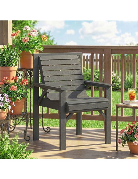 Outsunny Wooden Garden Dining Chair, Outdoor Chair Garden Armchair with Curved Seat and Wide Armrests, Grey Embossed Finish - pic 180354 | FastDaddyshop
