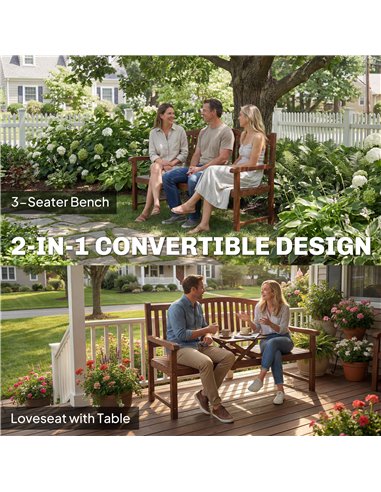 Outsunny Garden Loveseat Bench, 2-3 Seater Outdoor Bench with Liftable Table and Waterproof Cover, Light Brown