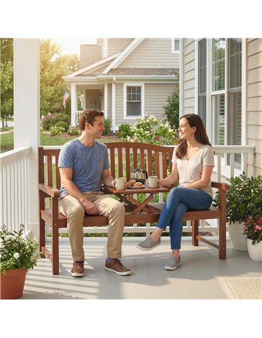 Outsunny Garden Loveseat Bench, 2-3 Seater Outdoor Bench with Liftable Table and Waterproof Cover, Light Brown