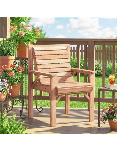 Outsunny Wooden Garden Dining Chair, Outdoor Chair Garden Armchair with Curved Seat and Wide Armrests, Natural Wood Finish - pic 180399 | FastDaddyshop