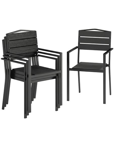 Outsunny Stackable Garden Chairs Set of 4, Garden Dining Chairs with Slatted HDPE Seat Back, Armrests, Metal Frame, Black - pic 180419 | FastDaddyshop