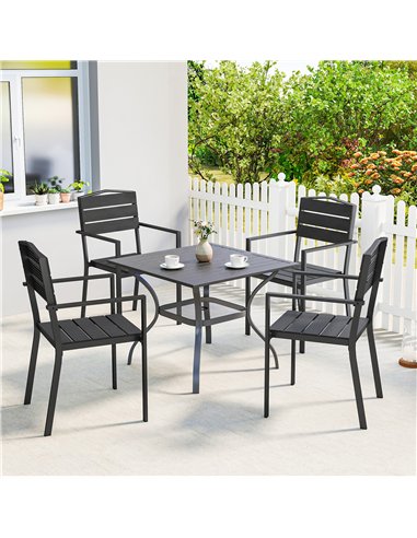 Outsunny Stackable Garden Chairs Set of 4, Garden Dining Chairs with Slatted HDPE Seat Back, Armrests, Metal Frame, Black