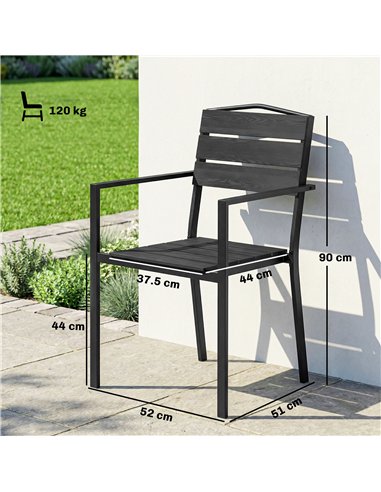 Outsunny Stackable Garden Chairs Set of 4, Garden Dining Chairs with Slatted HDPE Seat Back, Armrests, Metal Frame, Black