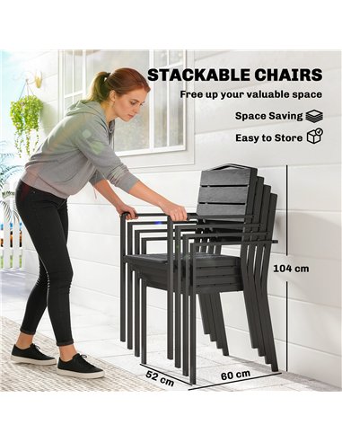 Outsunny Stackable Garden Chairs Set of 4, Garden Dining Chairs with Slatted HDPE Seat Back, Armrests, Metal Frame, Black