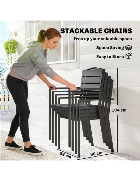 Outsunny Stackable Garden Chairs Set of 4, Garden Dining Chairs with Slatted HDPE Seat Back, Armrests, Metal Frame, Black - pic 180422 | FastDaddyshop