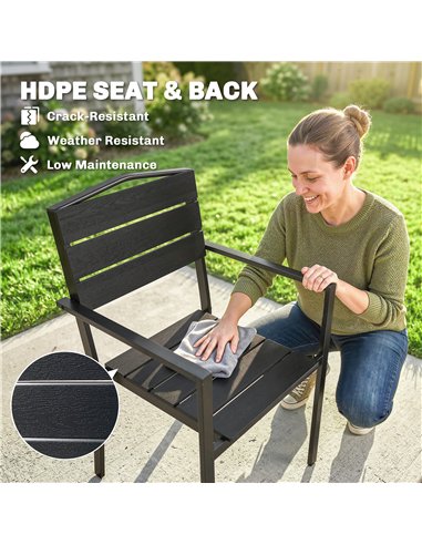 Outsunny Stackable Garden Chairs Set of 4, Garden Dining Chairs with Slatted HDPE Seat Back, Armrests, Metal Frame, Black