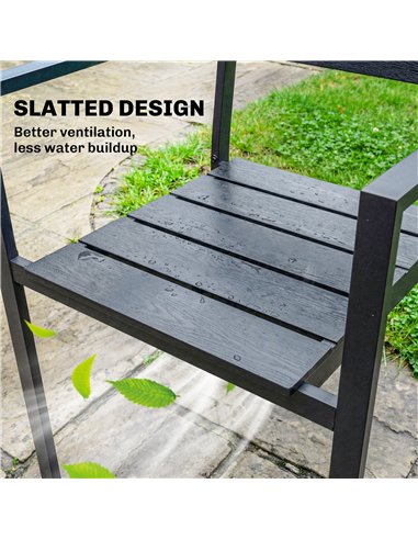 Outsunny Stackable Garden Chairs Set of 4, Garden Dining Chairs with Slatted HDPE Seat Back, Armrests, Metal Frame, Black