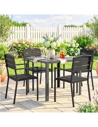 Outsunny Stackable Garden Chairs Set of 4, Garden Dining Chairs with Slatted HDPE Seat Back, Armrests, Metal Frame, Black