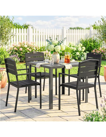 Outsunny Stackable Garden Chairs Set of 4, Garden Dining Chairs with Slatted HDPE Seat Back, Armrests, Metal Frame, Black - pic 180426 | FastDaddyshop