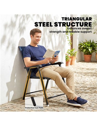 Outsunny Folding Garden Chairs Set of 4, Foldable Garden Dining Chairs with High Back, Armrests, Texteline Seat, Navy Blue