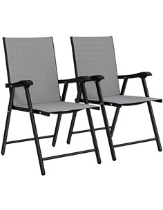 Outsunny Folding Garden Chairs Set of 2, Foldable Garden Dining Chairs with High Back, Armrests, Texteline Seat, Light Grey