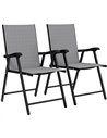 Outsunny Folding Garden Chairs Set of 2, Foldable Garden Dining Chairs with High Back, Armrests, Texteline Seat, Light Grey