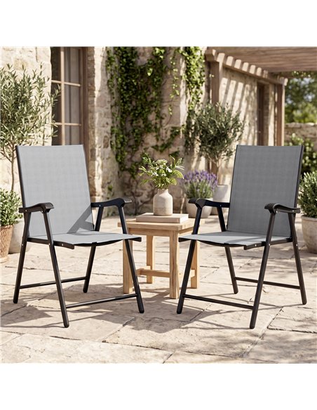 Outsunny Folding Garden Chairs Set of 2, Foldable Garden Dining Chairs with High Back, Armrests, Texteline Seat, Light Grey - pic 180474 | FastDaddyshop