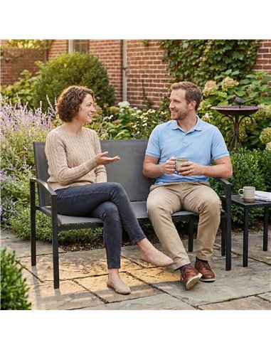 Outsunny Metal Garden Bench, 2 Seater Outdoor Furniture Seating with Breathable Texteline Fabric, Park Patio Seat, Grey