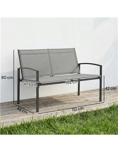 Outsunny Metal Garden Bench, 2 Seater Outdoor Furniture Seating with Breathable Texteline Fabric, Park Patio Seat, Grey