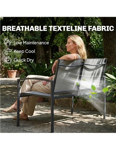 Outsunny Metal Garden Bench, 2 Seater Outdoor Furniture Seating with Breathable Texteline Fabric, Park Patio Seat, Grey