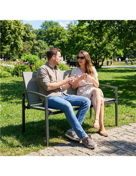 Outsunny Metal Garden Bench, 2 Seater Outdoor Furniture Seating with Breathable Texteline Fabric, Park Patio Seat, Grey - pic 180498 | FastDaddyshop