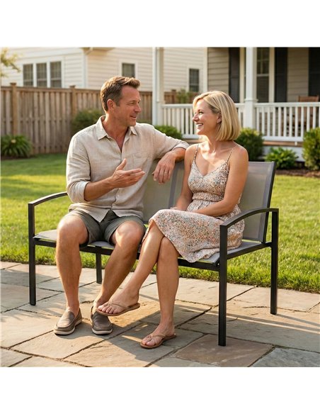 Outsunny Metal Garden Bench, 2 Seater Outdoor Furniture Seating with Breathable Texteline Fabric, Park Patio Seat, Grey - pic 180499 | FastDaddyshop