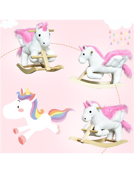 HOMCOM Unicorn Rocking Horse Kids Wooden Ride On Plush Toy w/ Music - pic 18050 | FastDaddyshop