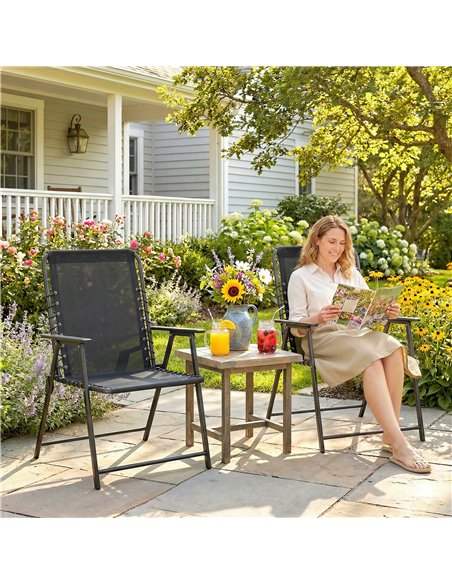 Outsunny Folding Garden Chairs Set of 2, Outdoor Dining Chairs with Wide Texteline Seat, High Back and Armrests, Black - pic 180528 | FastDaddyshop