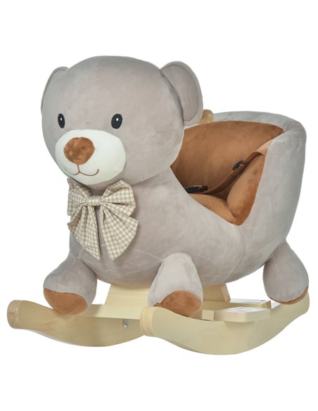 HOMCOM Kids Children Rocking Horse Plush Ride On Bear Seat w/ Sound Wood Base Seat Safety Belt Toddler Baby Toy Grey - pic 18053 | FastDaddyshop