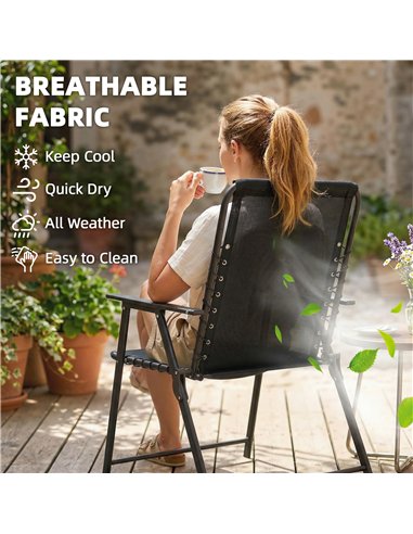 Outsunny Folding Garden Chairs Set of 2, Outdoor Dining Chairs with Wide Texteline Seat, High Back and Armrests, Black