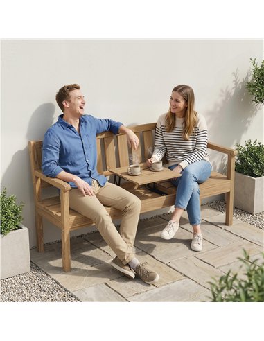 Outsunny Wooden Garden Bench with Liftable Table & Shelf, 2-3-Seater Outdoor Loveseat with Fir Wood Frame, Teak