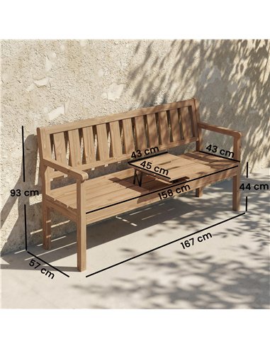 Outsunny Wooden Garden Bench with Liftable Table & Shelf, 2-3-Seater Outdoor Loveseat with Fir Wood Frame, Teak