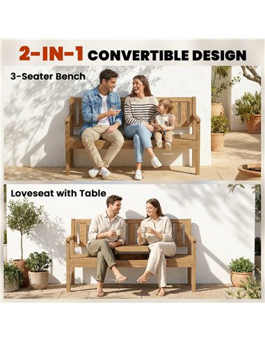 Outsunny Wooden Garden Bench with Liftable Table & Shelf, 2-3-Seater Outdoor Loveseat with Fir Wood Frame, Teak