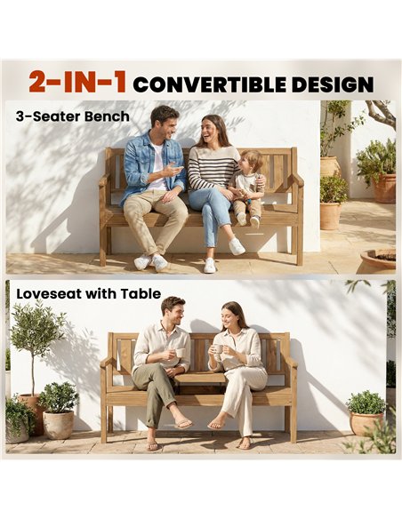 Outsunny Wooden Garden Bench with Liftable Table & Shelf, 2-3-Seater Outdoor Loveseat with Fir Wood Frame, Teak - pic 180557 | FastDaddyshop
