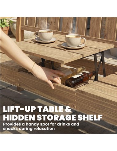 Outsunny Wooden Garden Bench with Liftable Table & Shelf, 2-3-Seater Outdoor Loveseat with Fir Wood Frame, Teak