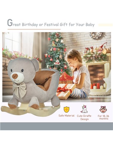 HOMCOM Kids Children Rocking Horse Plush Ride On Bear Seat w/ Sound Wood Base Seat Safety Belt Toddler Baby Toy Grey