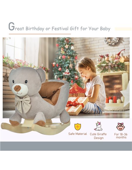 HOMCOM Kids Children Rocking Horse Plush Ride On Bear Seat w/ Sound Wood Base Seat Safety Belt Toddler Baby Toy Grey - pic 18056 | FastDaddyshop