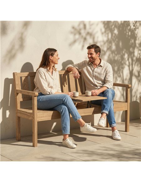 Outsunny Wooden Garden Bench with Liftable Table & Shelf, 2-3-Seater Outdoor Loveseat with Fir Wood Frame, Teak - pic 180561 | FastDaddyshop