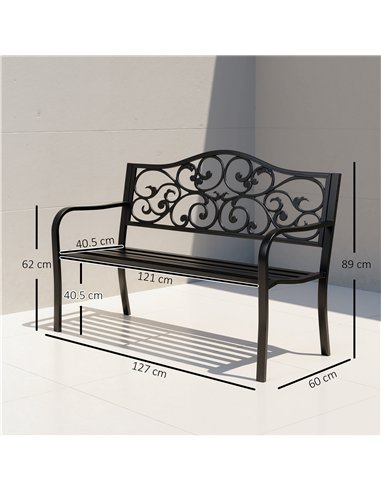 Outsunny Metal Garden Bench with Floral Backrest and Armrests - Black