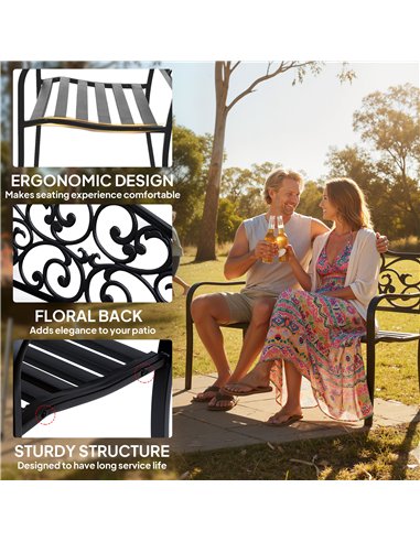 Outsunny Metal Garden Bench with Floral Backrest and Armrests - Black