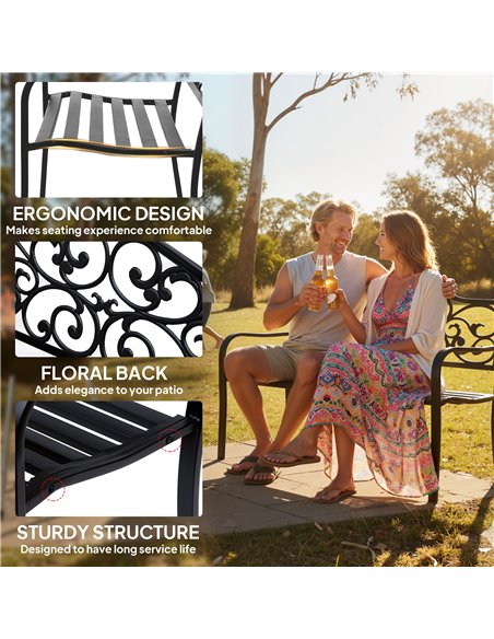 Outsunny Metal Garden Bench with Floral Backrest and Armrests - Black - pic 180567 | FastDaddyshop