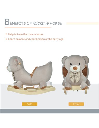 HOMCOM Kids Children Rocking Horse Plush Ride On Bear Seat w/ Sound Wood Base Seat Safety Belt Toddler Baby Toy Grey